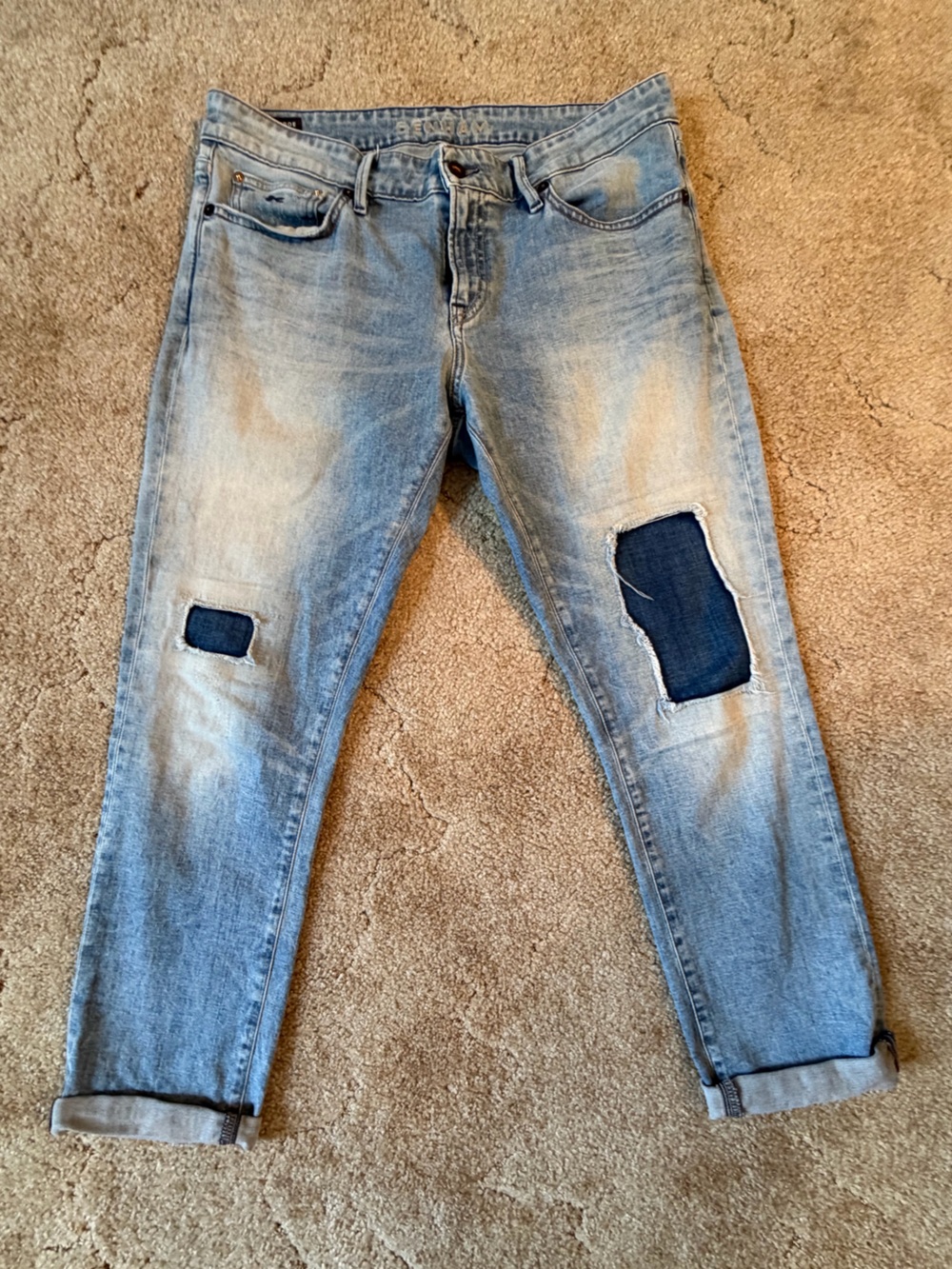Denham Jeans Light Blue Boyfriend Jeans with Dark Patch Details